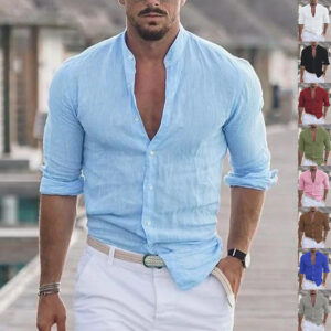 Men's Long Sleeve Shirt With Button Casual Solid Color Tops For Spring Autumn